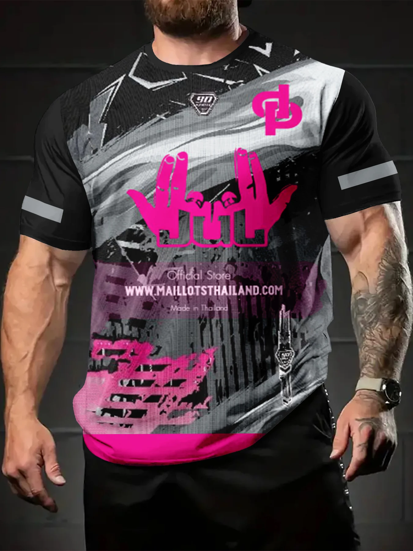 Men Black Ringer Neck Grey Brush Stroke Pink Hand Gesture Letter Graphic Short Sleeve T-Shirt
