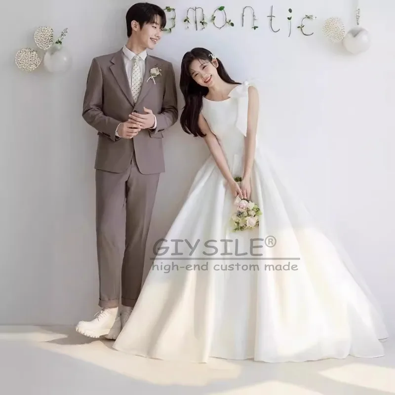 GIYSILE Customized White Suspender Wedding Satin Advanced 2025 New Luxury and Simple Temperament Slim Sleeveless Bow Round Neck