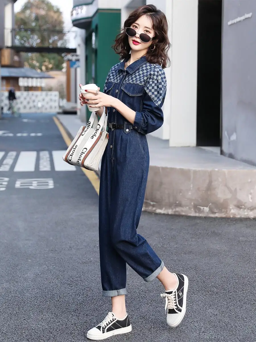 

Women's Denim Overalls Spring Autumn Plaid High Waist Workwear Faion ular Matching Set High Quali Commute Sle