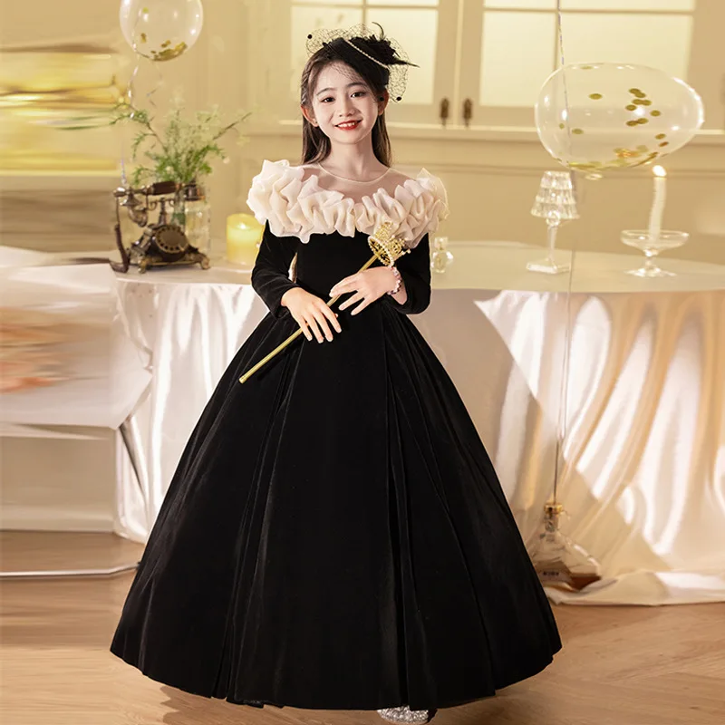 Girls' Velvet Long-Sleeved Summer Birthday Princess Dress Hostess Piano Performance Attire