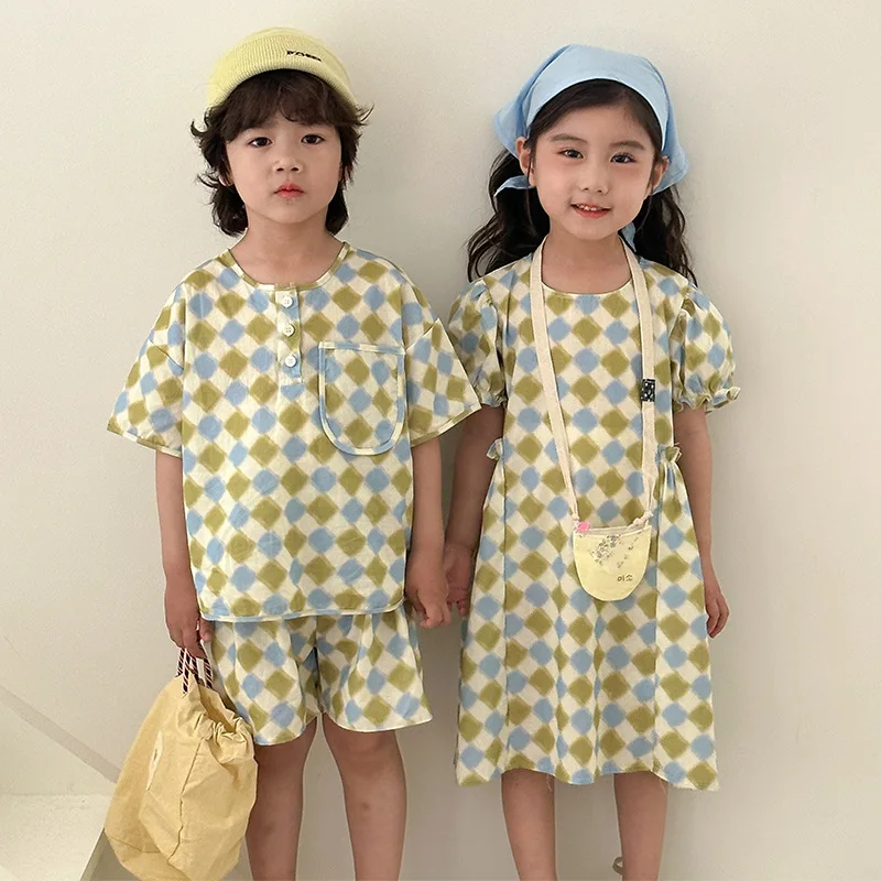 Children's Summer Clothes Siblings' Outfit 1-8Y Boys' Checkered Tee+Shorts Casual 2Pcs Trendy Girls' Dress Kid's T-shirt Suit