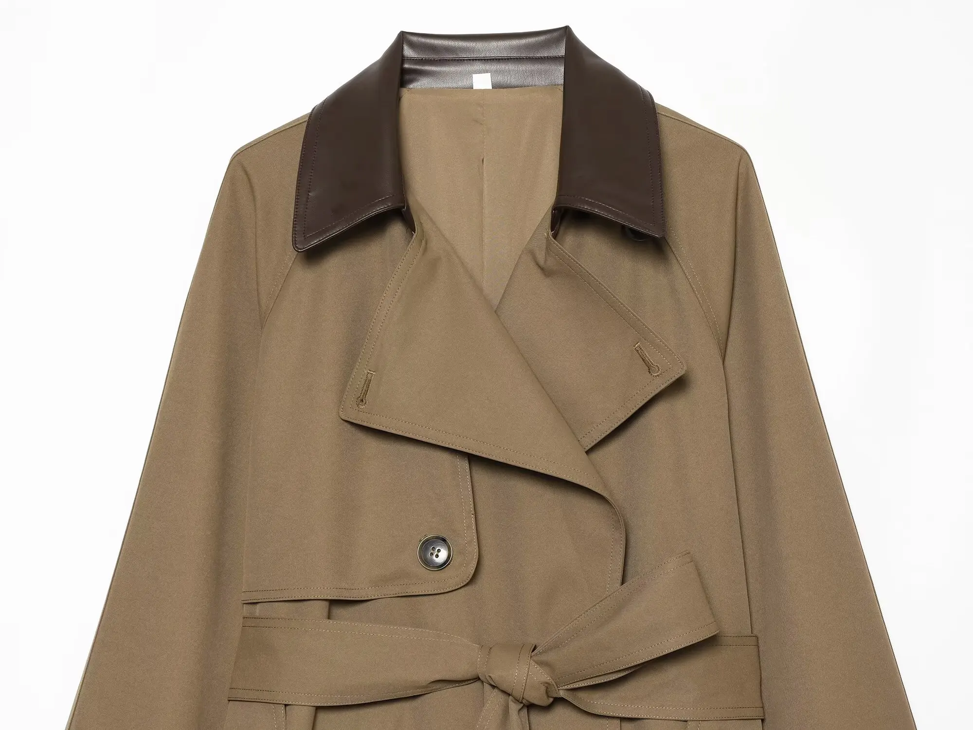 BSAY Damen Neuer Modischer Vielseitiger Kurzer Trenchcoat Kontrastfarbe Revers Gürtel Doppelreihig Locker Sitzende Pendler-Oberjacke – Detail 8