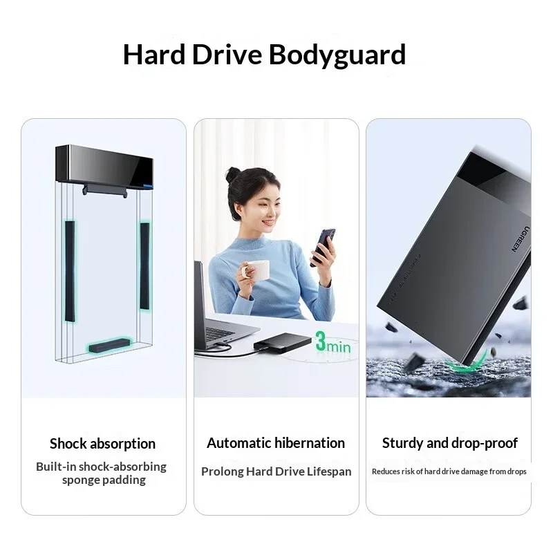 UGREEN US221 60734 2.5 Inch SATA to USB 3.0 External Hard Drive Enclosure with USB A USB C 2 in 1 Cable