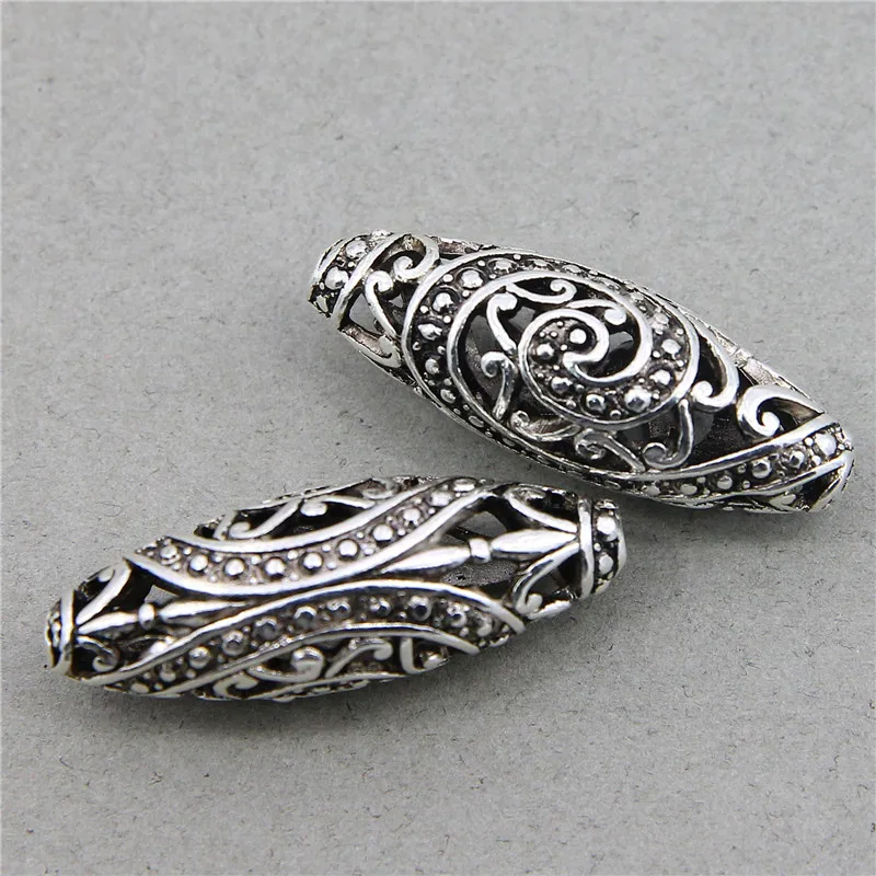 2pcs  Beads Zinc metal alloy Spacer Beads Oval silver color Flower Hollow Pattern About 37*13mm,Hole:Approx 1.9mm,