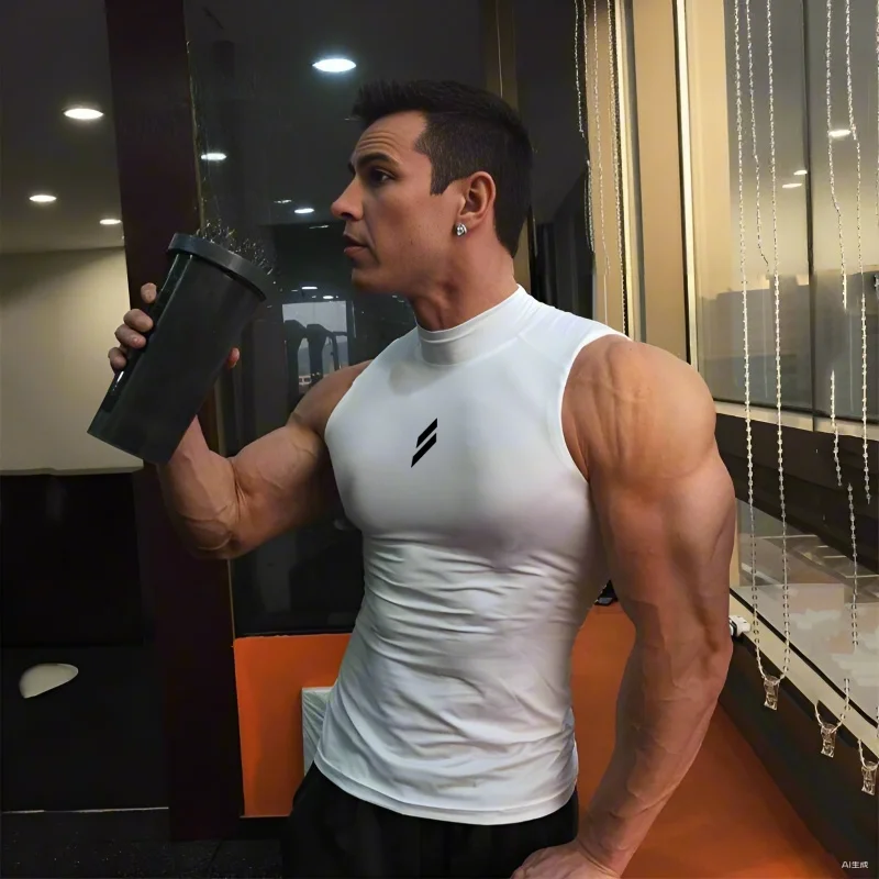 Men's Quick Dry Turtleneck Compression Sleeveless Shirt Tight Fit Gym Workout Bodybuilding Tank Tops Running Vest Sportswear