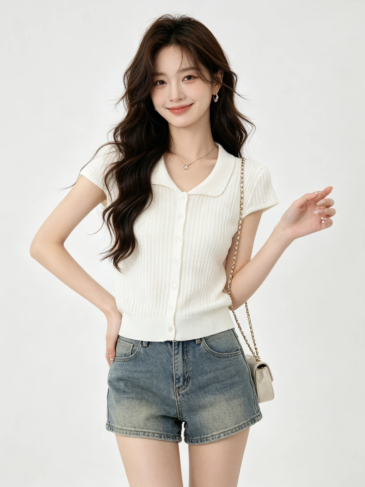 

Korean Style Knitted Short Sleeve T-Shirt Women's Turn-down Collar Slim Fit Top High Quality Fashionable Casual Wear