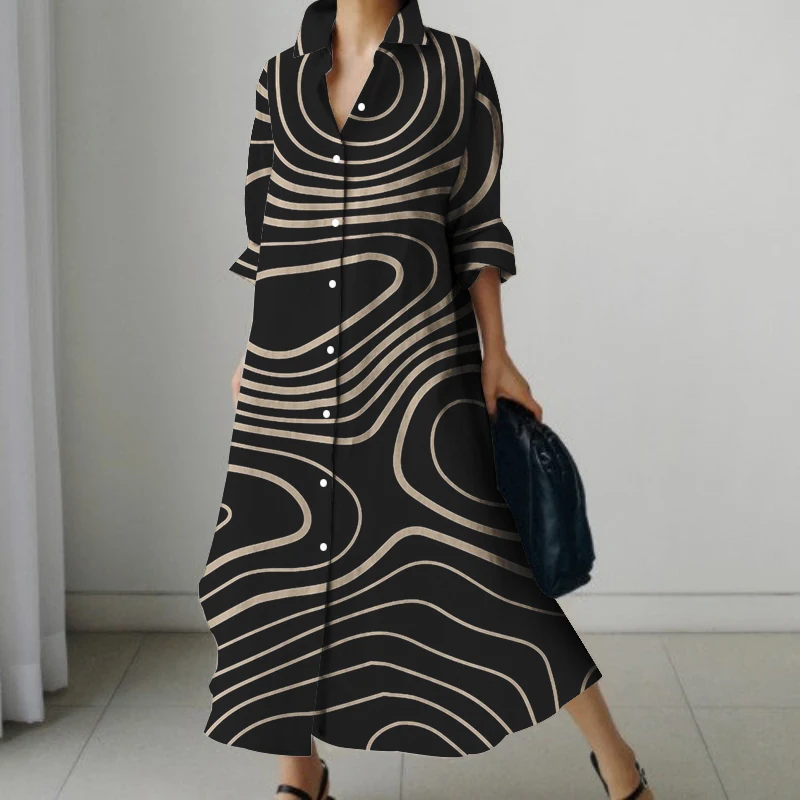 New Fashion Women's Long Sleeve Dresses Autumn Breathable Comfortable Long Dresses Casual Textured Printed Dresses Elegant Dress