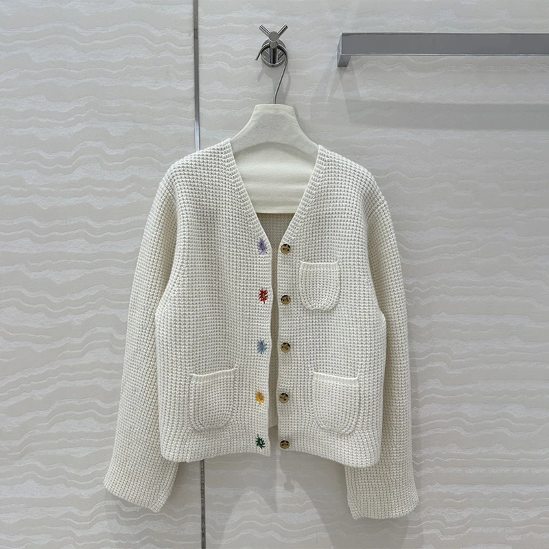 2024 AW ERDS Pure Cashmere Knit Cardigan Women Vintage Button Embroidered Wool Jacket High-end Tailored Women's Wool Sweater