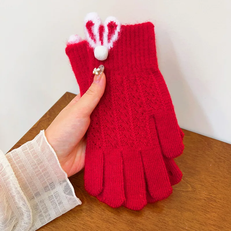 Women Winter Keep Warm Touch Screen Cute Lovely Sweety Cartoon Rabbit Ears Knitted Woolen Gloves Velvet Drive Cycling Elasticity