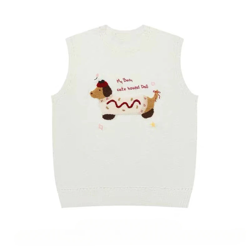 Sweet Girl Flocked Puppy Sleeveless Sweater Vests Tops Women Spring and Autumn O-neck Casual All-match Stacked Knitted Waistcoat