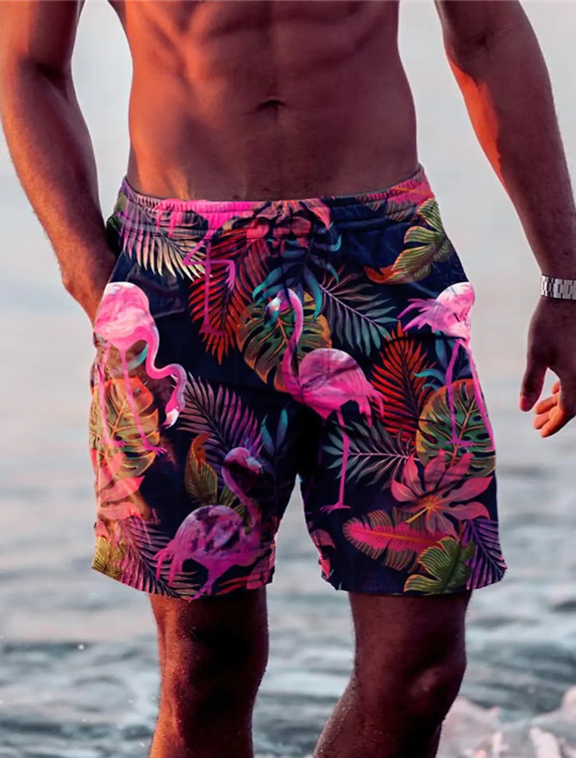 Nowe męskie spodenki kąpielowe ze sznurkiem w kształcie liścia Flamingo Grafika Szybkoschnący Krótki Casual Wakacyjny Hawajski Mikroelastyczny