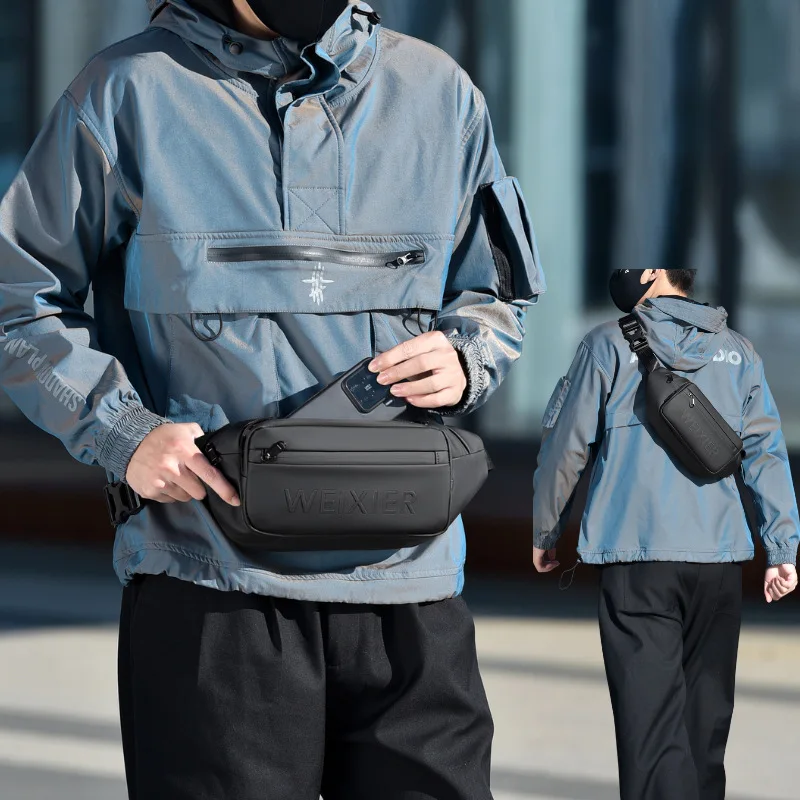 PU leather men's crossbody backpack with large capacity storage, waist bag, sporty and waterproof single shoulder bag
