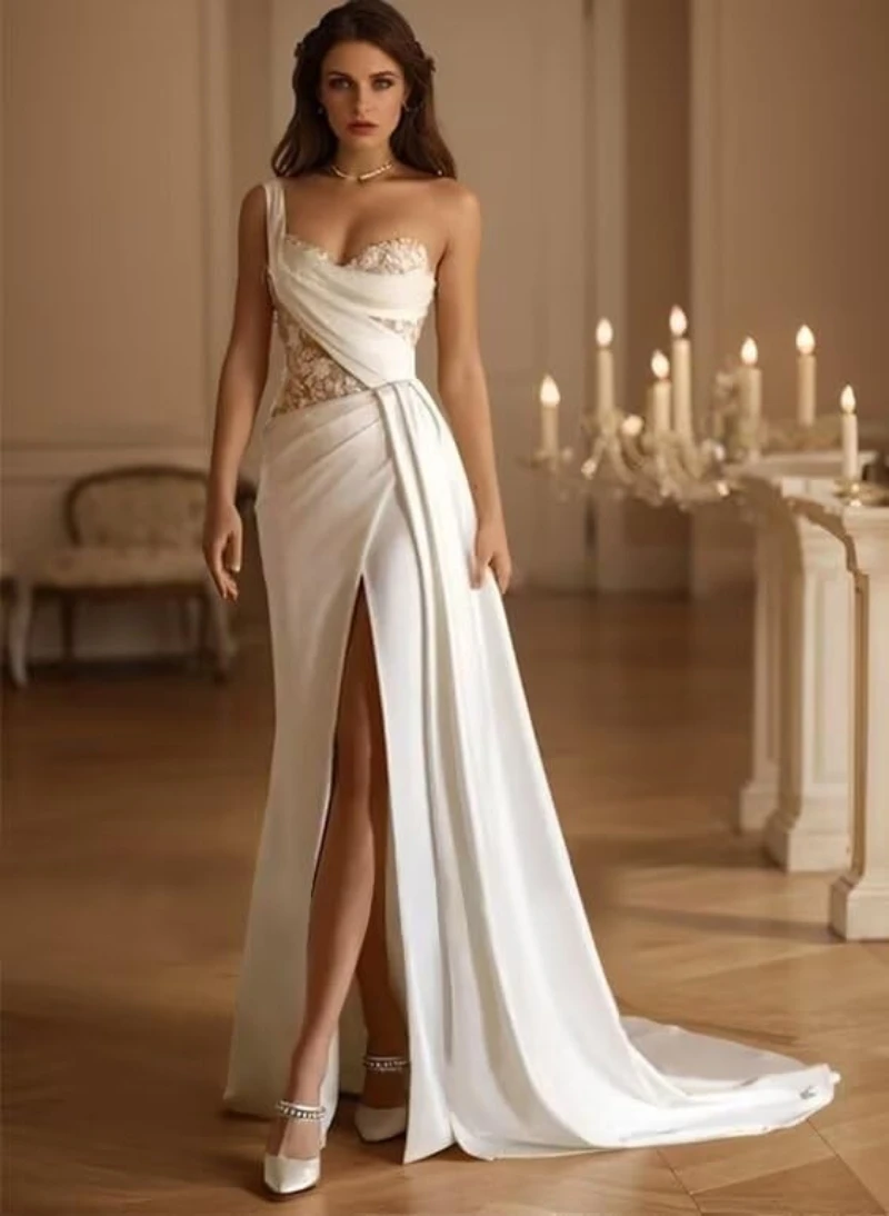 

3D Applique One Shoulder Wedding Dresses for Bride Satin Wedding Gown with Slit Mermaid Formal Bridal Gowns
