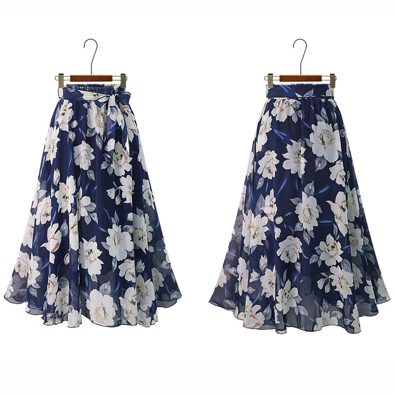 Plus Size Print Floral Skirt Women 2024 Summer Loose Elastic High Waist Chiffon Midi Skirts Lace Up Bow L-5XL Swing Jupe Femme