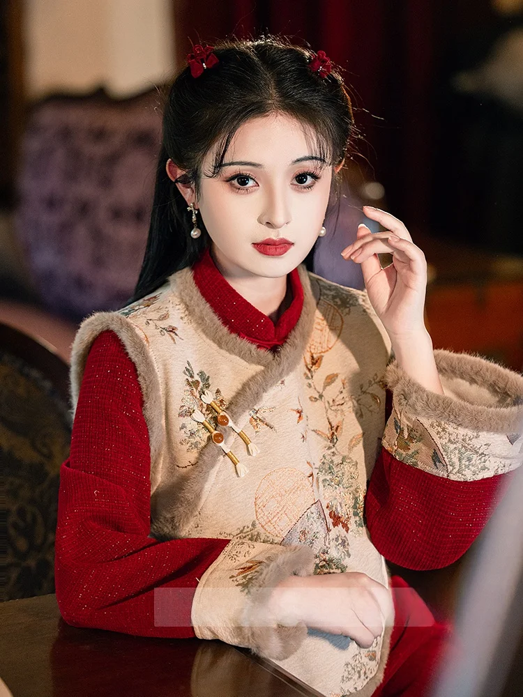 

Красный комплект с жилетом и длинными рукавами, теплый, новый, в китайском стиле, для повседневной носки, для новогодних праздников, женская мода, ретро-стиль, длинный жакет.