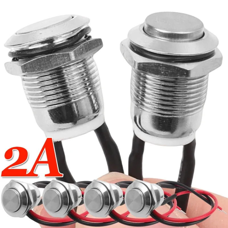 Small Round Chrome-Plated Stainless Steel Metal 2-Pin N/O Flat Tall Pushbutton Switch 12V Waterproof Power Pushbutton