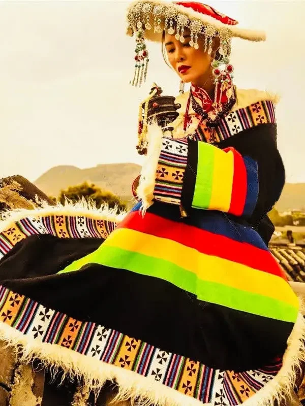 Rainbow Tibetan Robe Chinese Minority Nationality Clothes Ethnic Style Contrast Color Travel Photography Clothing