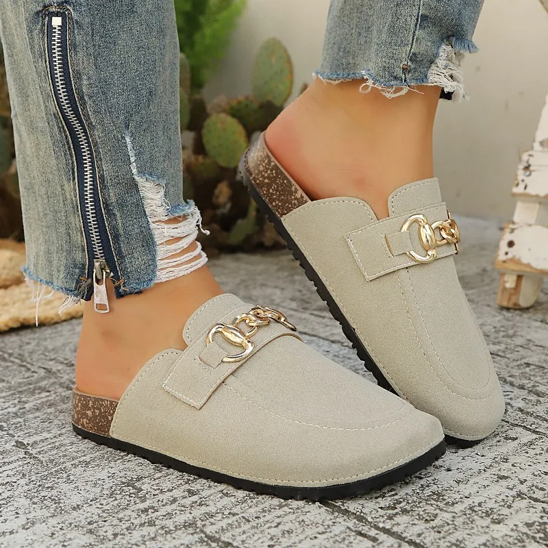 Women's Suede Horsebit Mule Slides Round Toe Slip-On Comfort Casual Cork Footbed Flat Shoes for Everyday and Travel