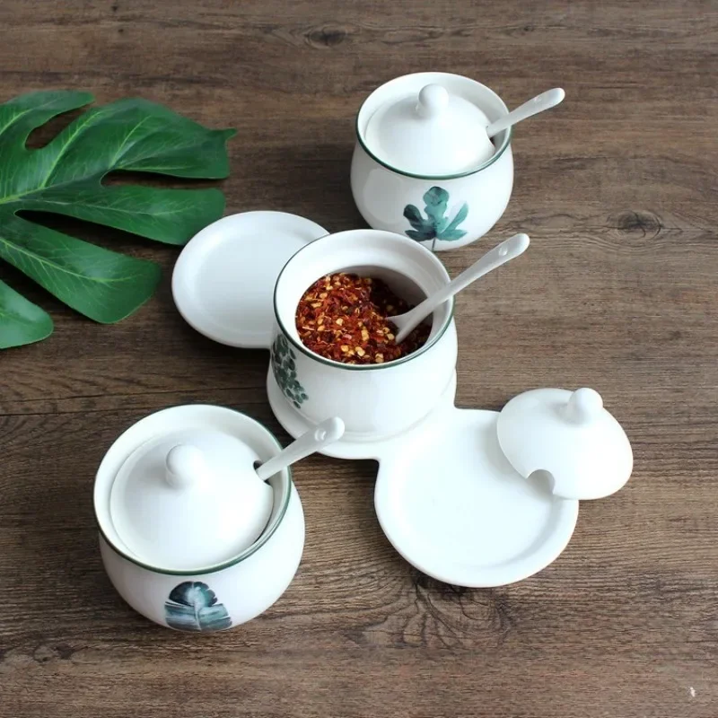 Ceramic Seasoning Box Plant Printing With Spoon With Tray Household Seasoning Box Home Kitchen Storage Containers Decoration jar