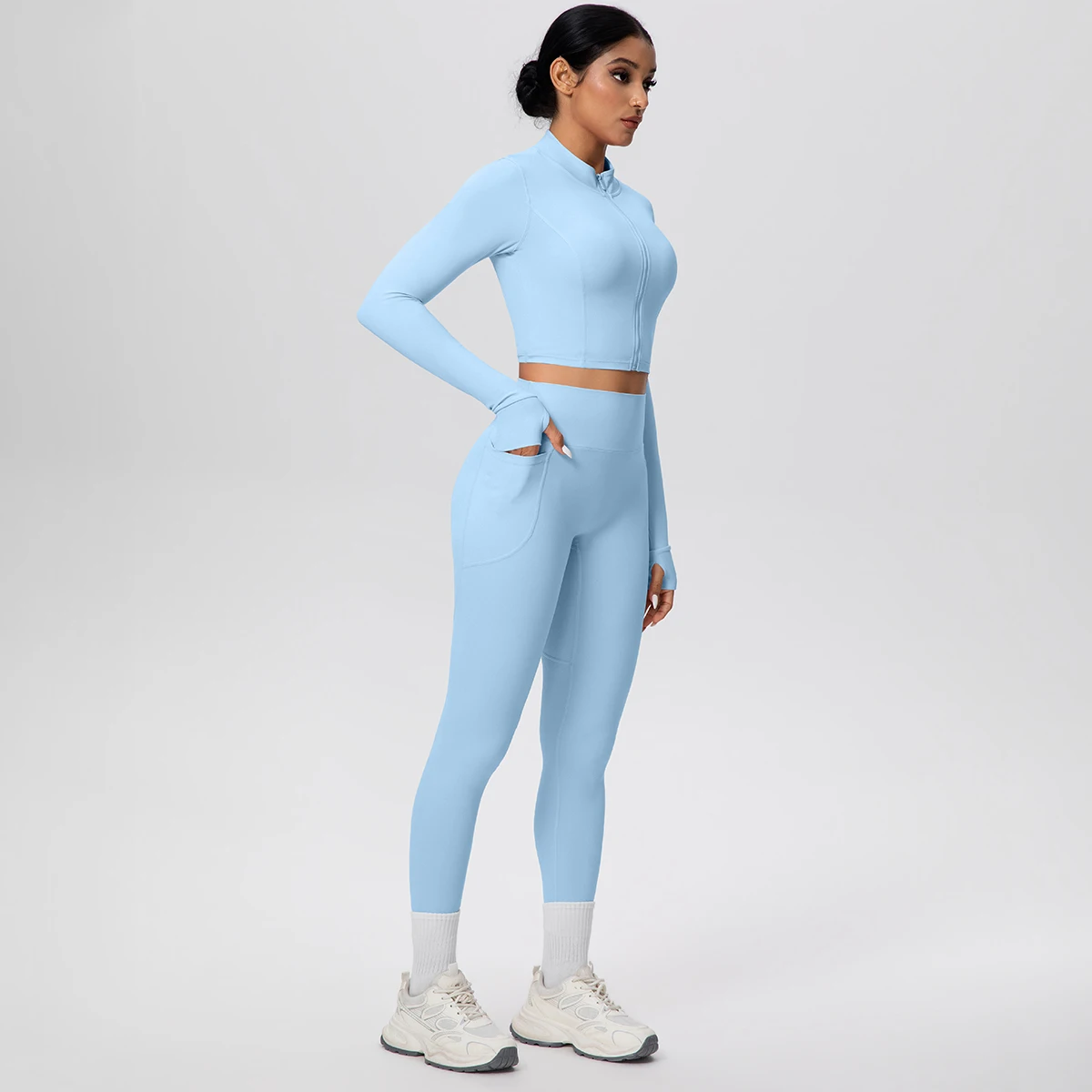 Women Yoga Zipper Long Sleeves and Pants Set Jacket Top Sports Running Quick Drying Yoga Set Yoga Pants with Pockets Woman Set