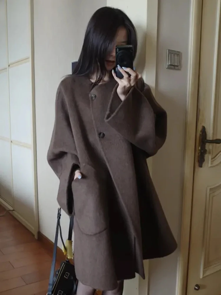 Manteau en laine ample pour femme, Long, mi-long, automne-hiver, mode coréenne, sensation Premium, Vintage, argent, vêtements d'extérieur