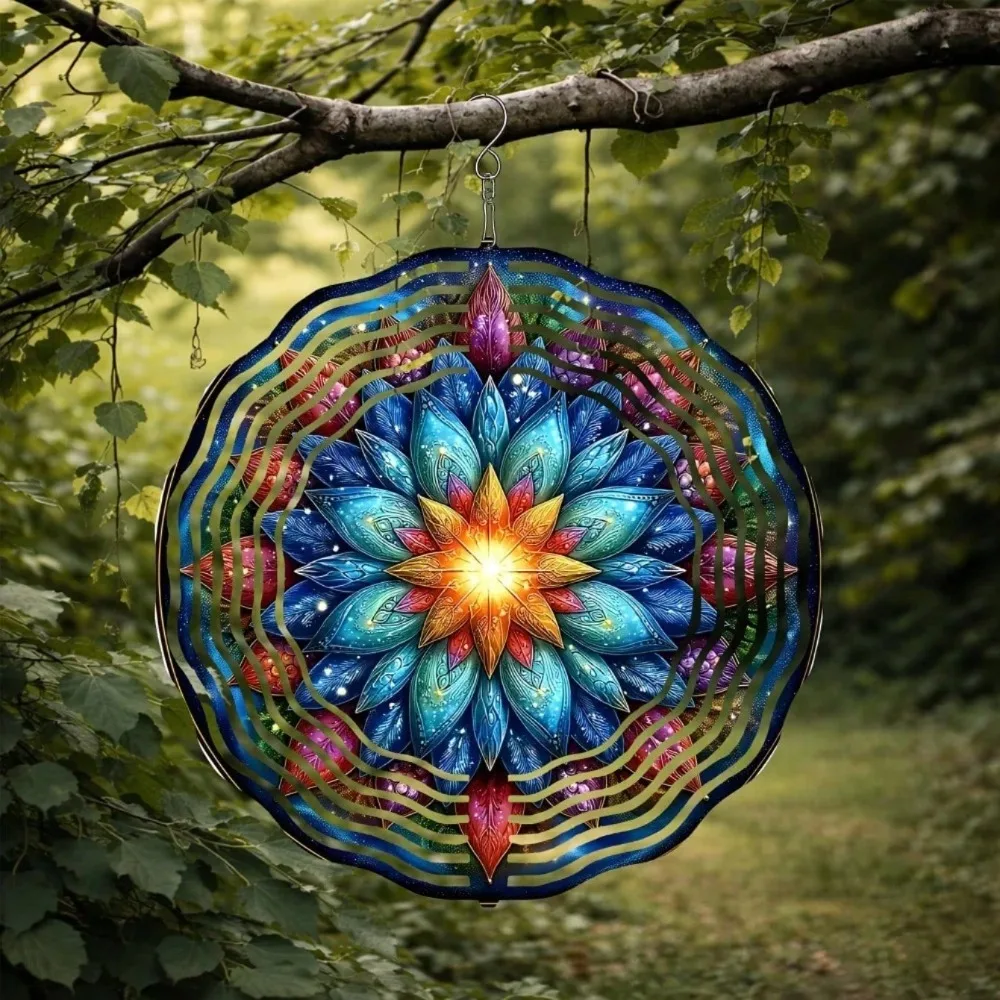 CIFBUY Mandala Wind Chime 360 Degree Swivel Hook Metal Wind Spinner Blue Purple Abstract Flower Elegant Garden Patio Yard Decor