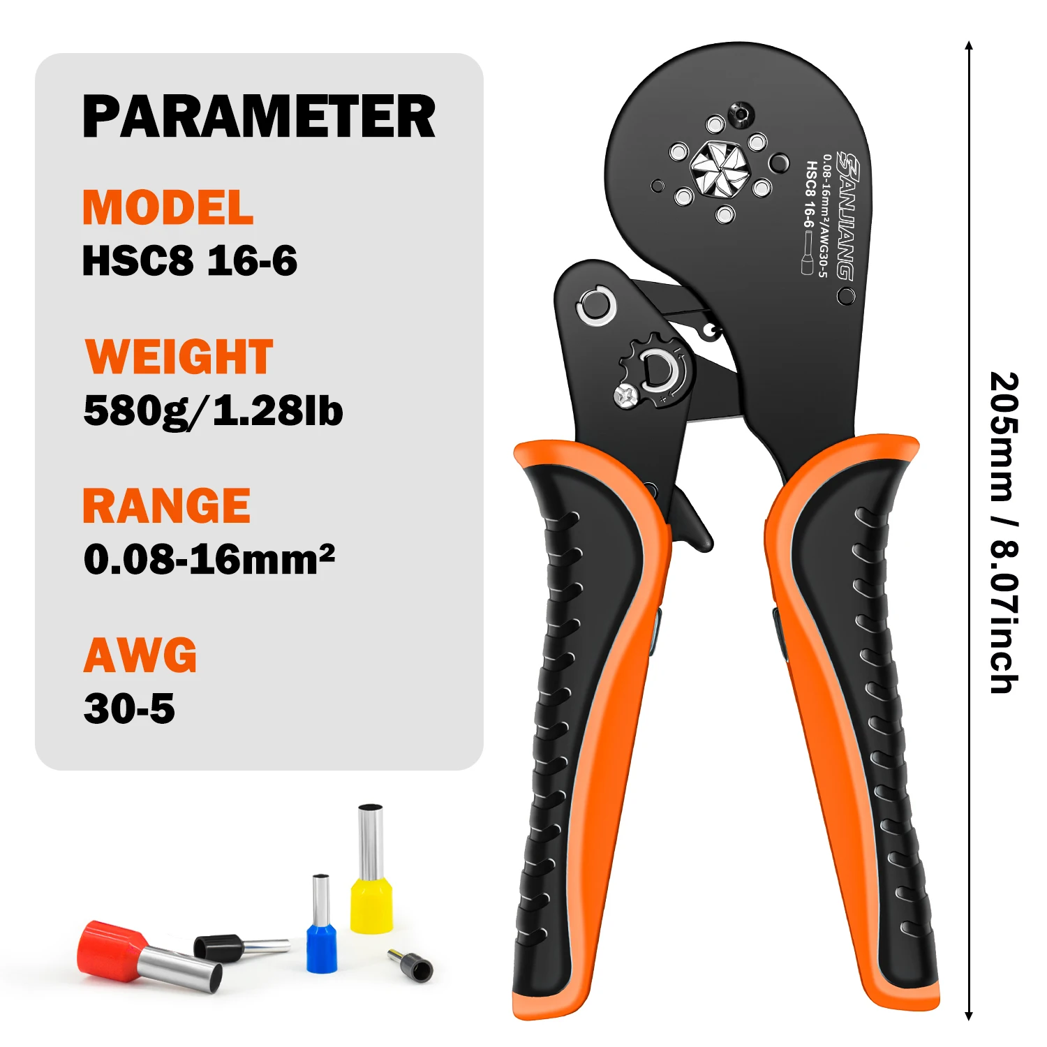 HSC8 16-6 Ferrule Crimping Tool Self Adjusting Ratchet Hexagonal Crimper 0.08-16mm2 30-5AWG Tubular Terminal Cable End Sleeves