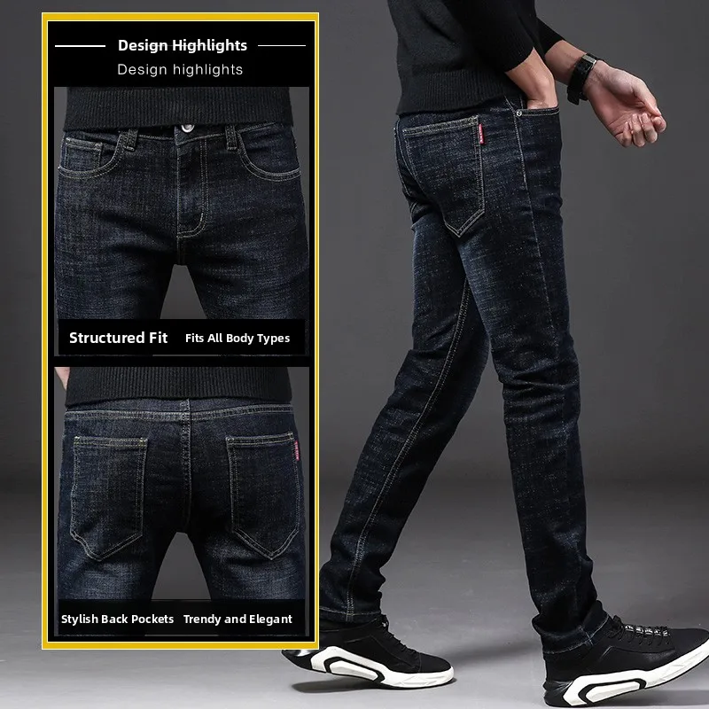 

Мужские джинсы Slim Fit с прямыми штанинами, эластичные, черные, молодежный тренд, осень-зима, новый стиль, средняя посадка, повседневные, с эффектом потертости