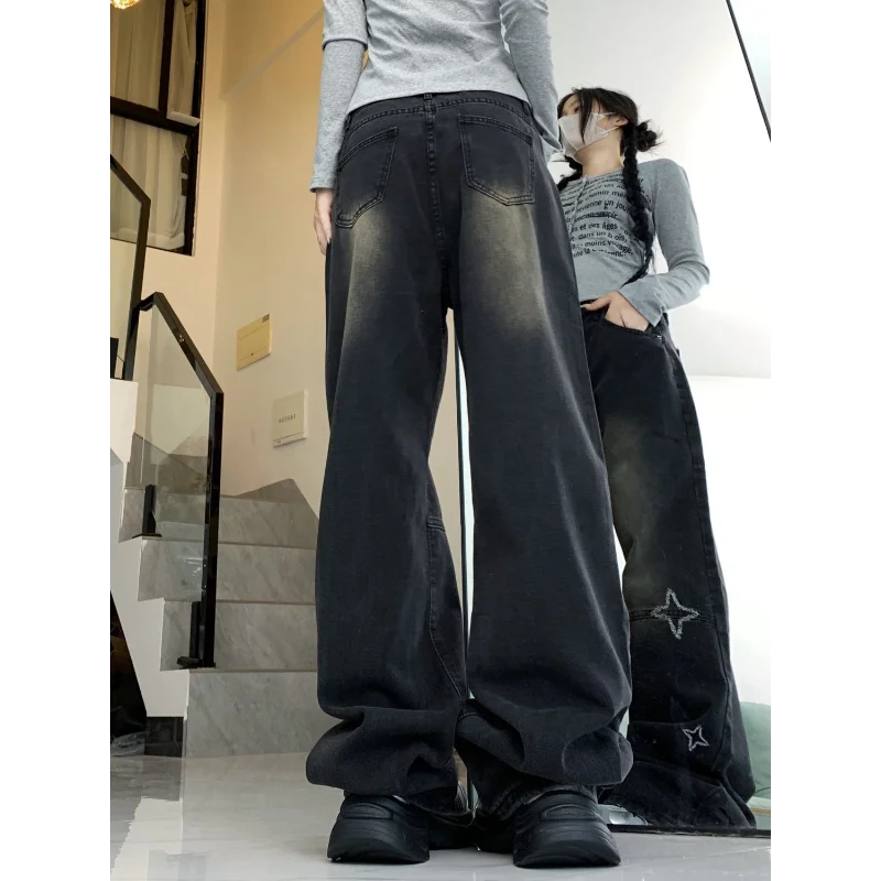 American Retro Star Embroidery High Waist Jeans Women Spring Loose Straight Leg Wide Pants