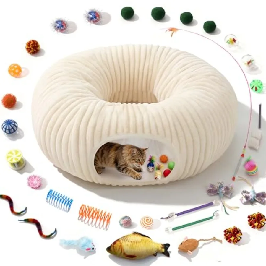 

Туннель-лежанка для кошек с 40 интерактивными игрушками для котят, складной игровой туннель из белой мягкой ткани с удобным входом