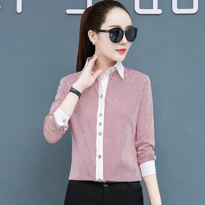 

Striped Long Sleeve Women's Shirt Spring Autumn New Style Slim Fit Patchwork Women's