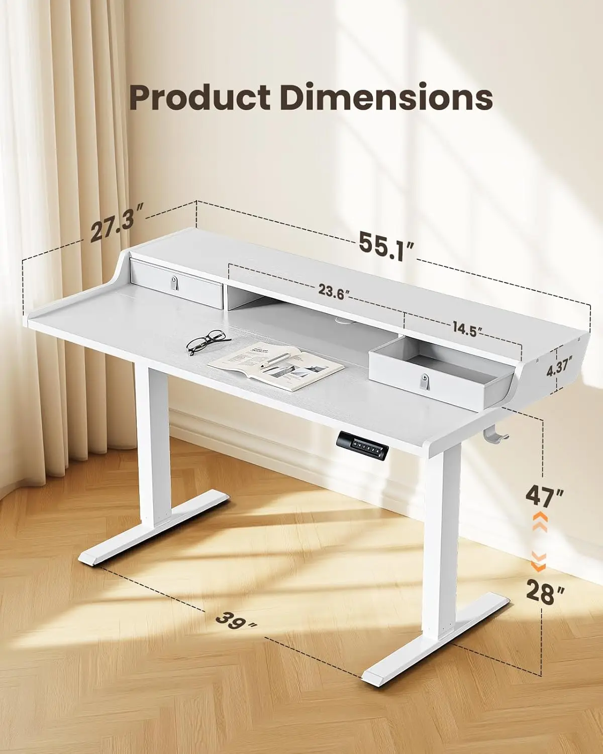 Electric Standing Desk with Drawers, 55″ x 28″ Gaming Desk with Monitor Stand, C-Clamp Mount Compatible