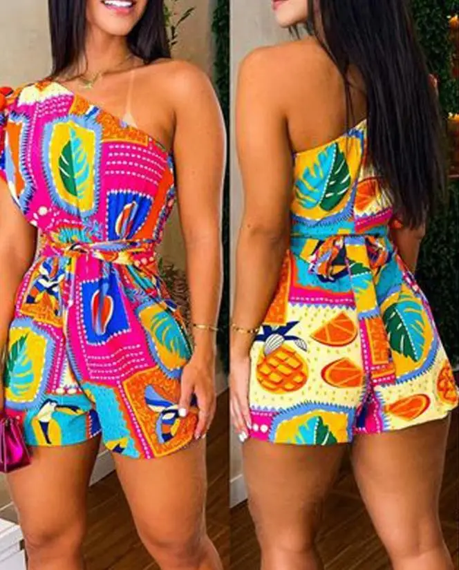 Women's Romper Sexy Elegant Fashion Summer Vacation Scarf Print One Shoulder Sleeveless High Waist Tied Detail Skinny Romper