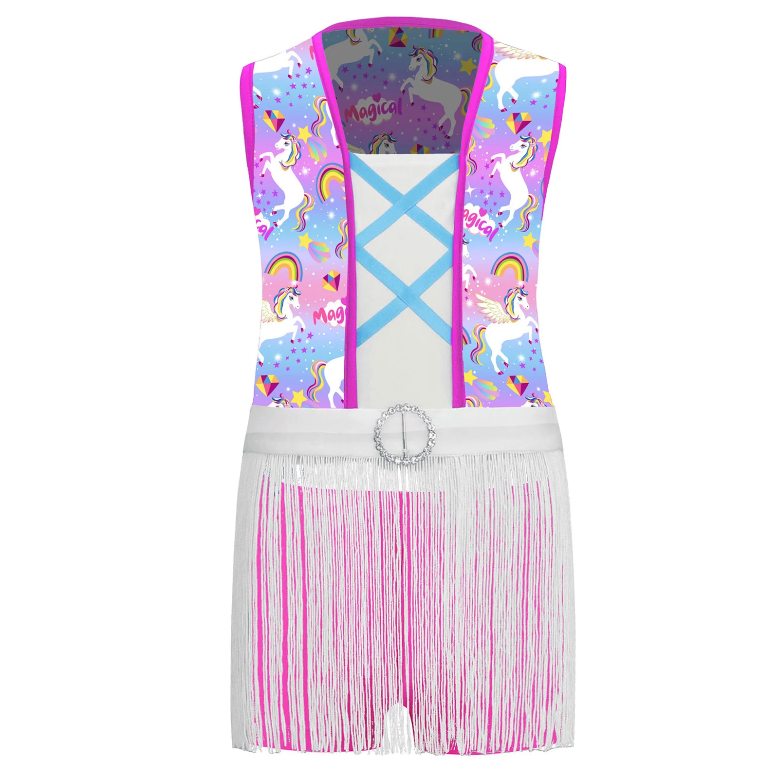 

Children Girls Latin Jazz Dance Hippie Outfits Sleeveless Printed Fringe Tank Tops with Shorts Salsa Cha-cha Ballroom Costume