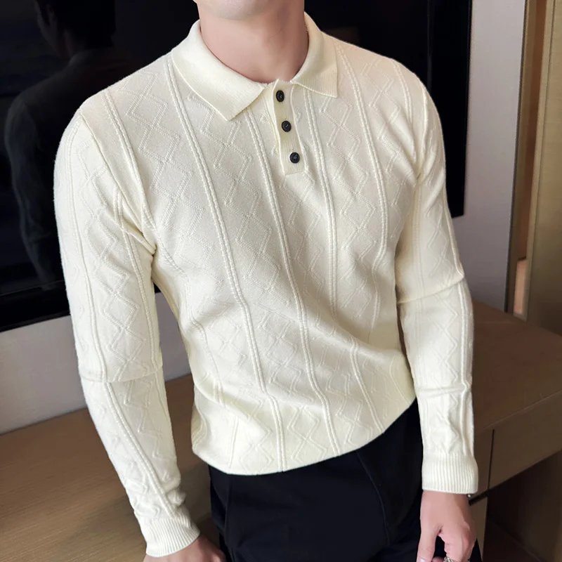 Exquisite Geometric Pattern Solid Color Business Casual POLO Men's British Style Pullover Sweater Slim Base Shirt. M-4XL