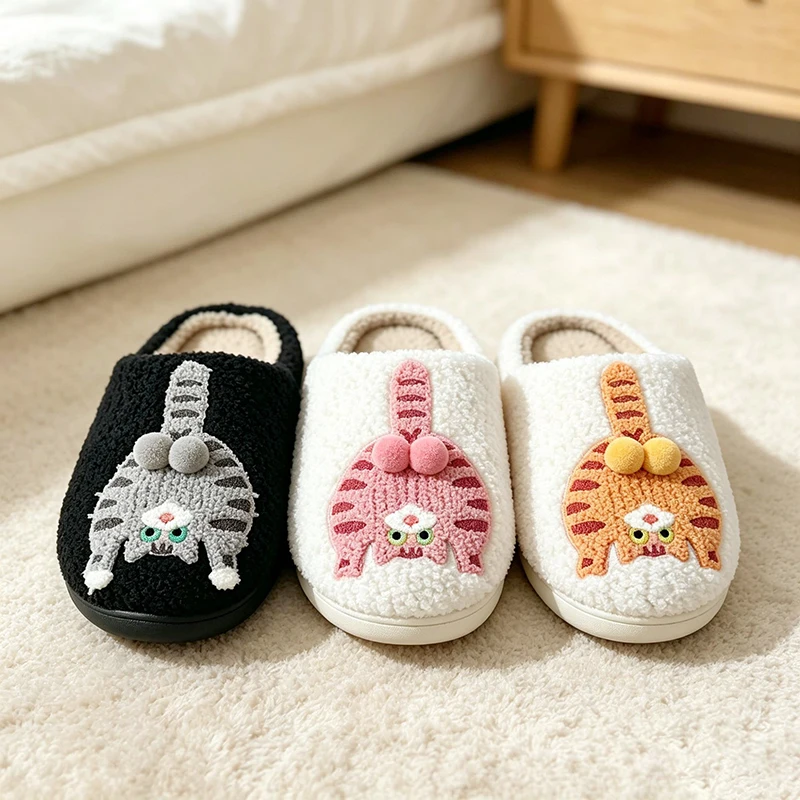 Neuartige 3D-Katzen-Plüsch-Hausschuhe für Damen, lustige Plüsch-Winter-Mules, warme, flauschige Fell-Slides für Mädchen, Unisex, rutschfest – Detail 8