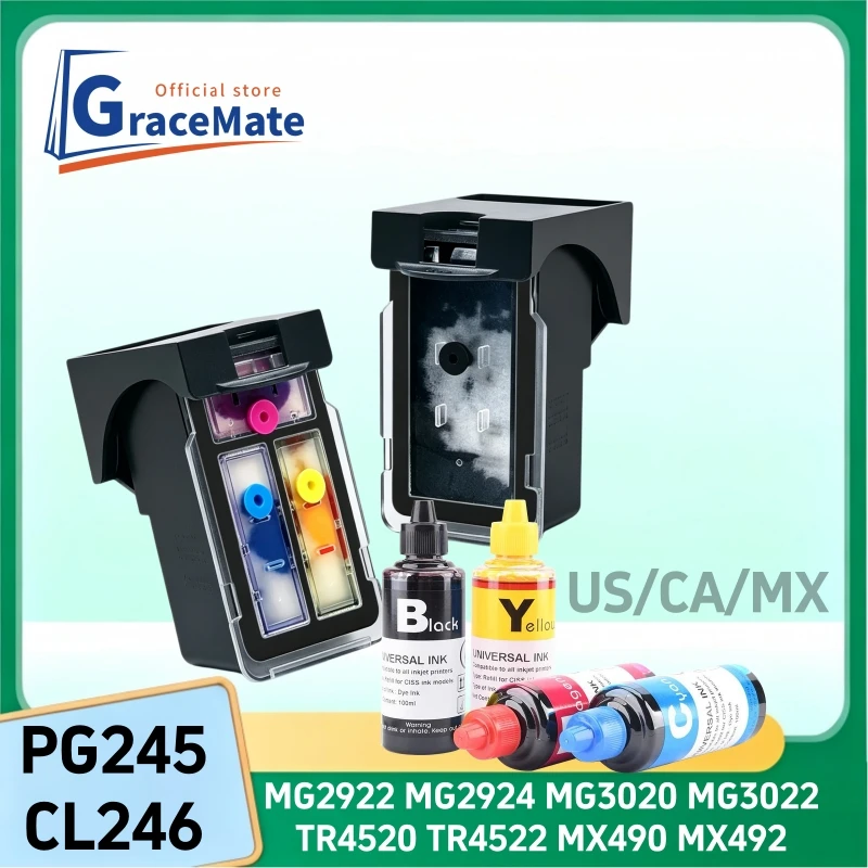 Refillable Ink Cartridge PG245 CL246 Replacement for Canon Pixma MG2922 MG2924 MG3020 MG3022 TR4520 TR4522 MX490 MX492 Printer