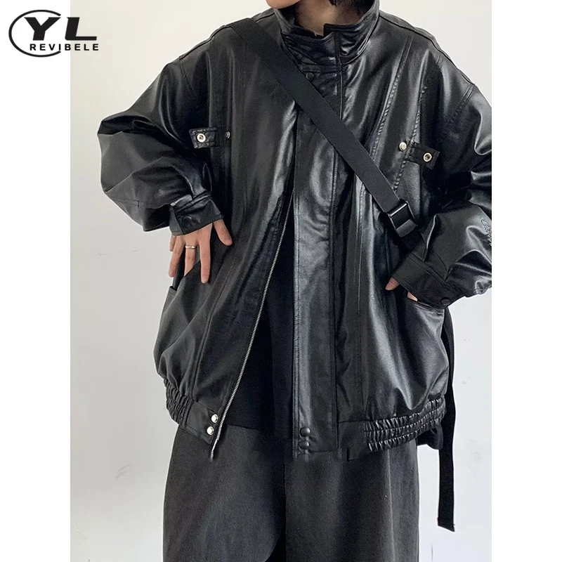 Street Stand Collar Pilot Jacket Men Vintage Pu Leather Motorcycle Jackets Loose Windbreak Coats Woman Oversized Bomber Outwear