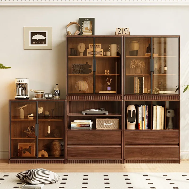 Solid wood combination bookcase, black walnut glass display case, display living room storage with card seat