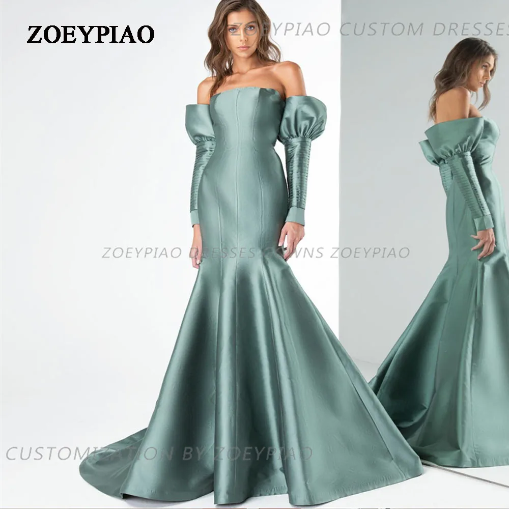 Green Long Sleeve Pleated Satin Formal Event Evening Dress Mermaid Strapless Custom Made Floor Length Prom Gowns Dresses