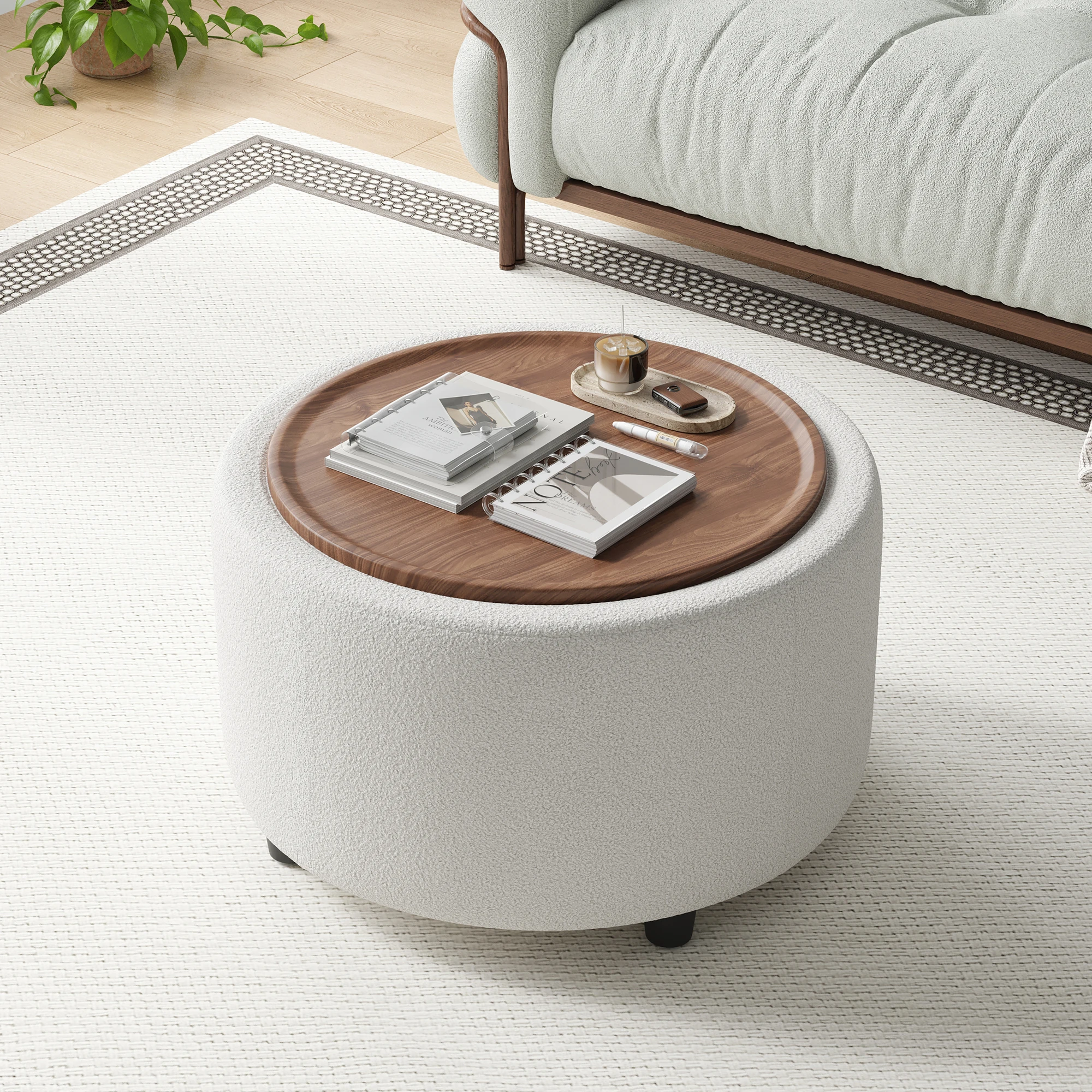 

Современный круглый кофейный столик с отсеком для хранения, тканью букле и деревянной крышкой-подносом, скрытым отделением для гостиной, квартиры