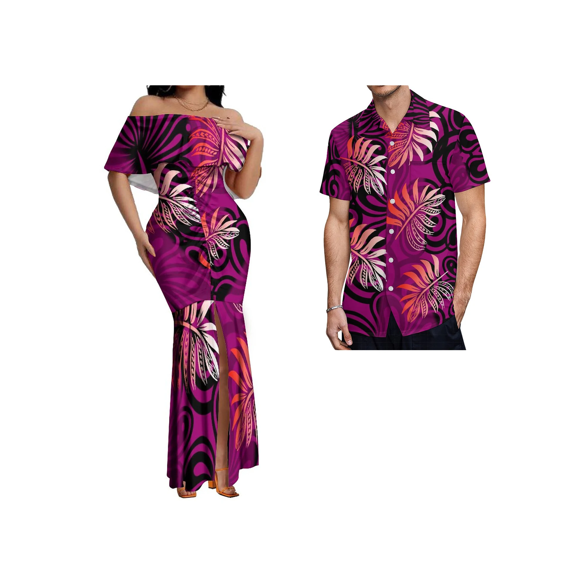 Pacific Island Art Design Custom Layered Ruffle Off Shoulder Fishtail Dresses Women Polynesian Split Pleated Dresses