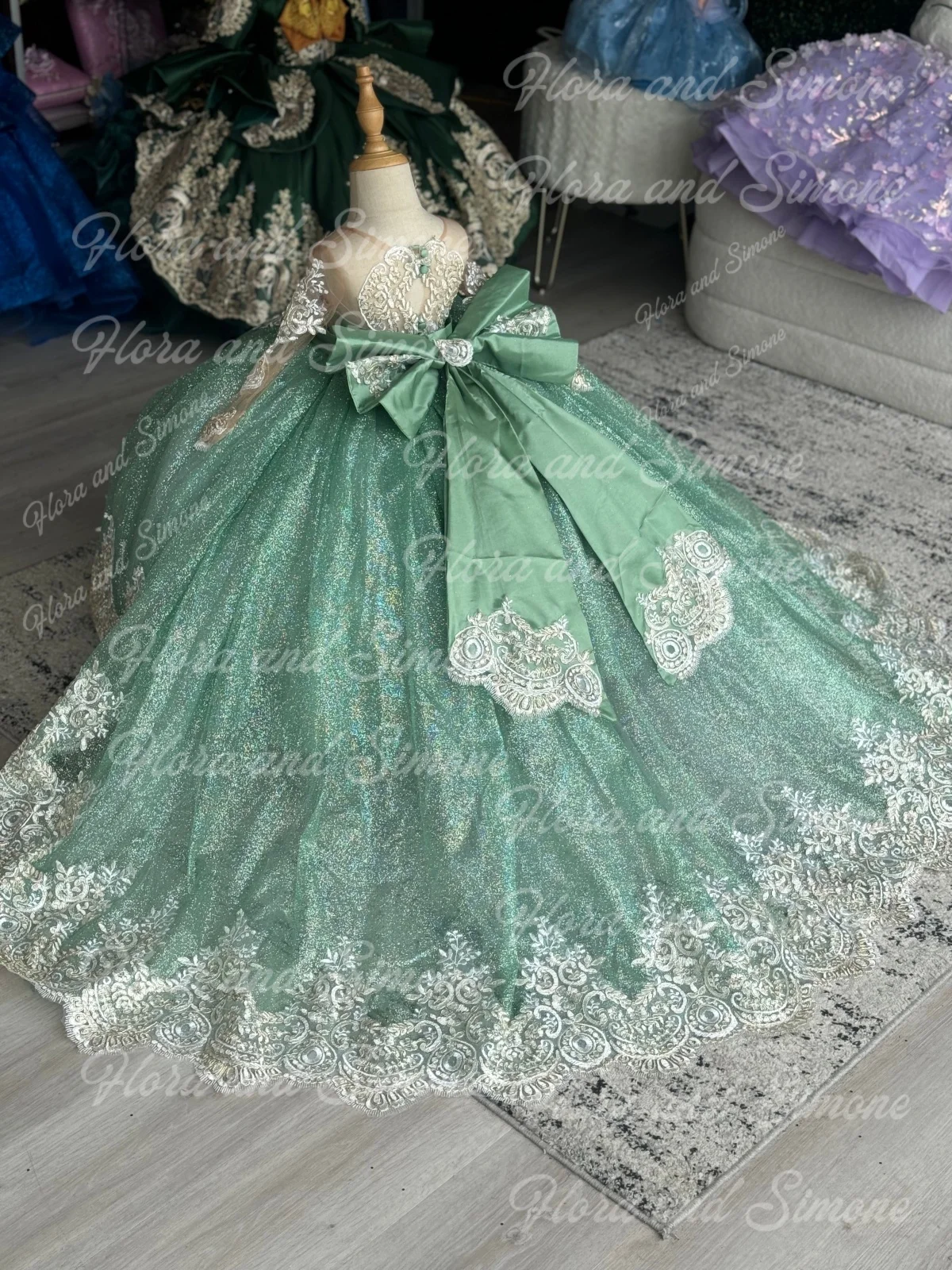 Vestido de niña de flores con lazo de gasa de manga larga personalizado para bodas, vestido de baile para niños pequeños, vestido de desfile, vestidos de fiesta brillantes, fiestas