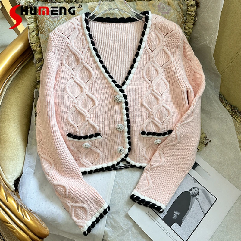 

2024 Early Spring New Classic Short Vintage Twist Heavy Work Beaded Cold Pink Girl Knitted Cardigan Long Sleeved Sweater Coat