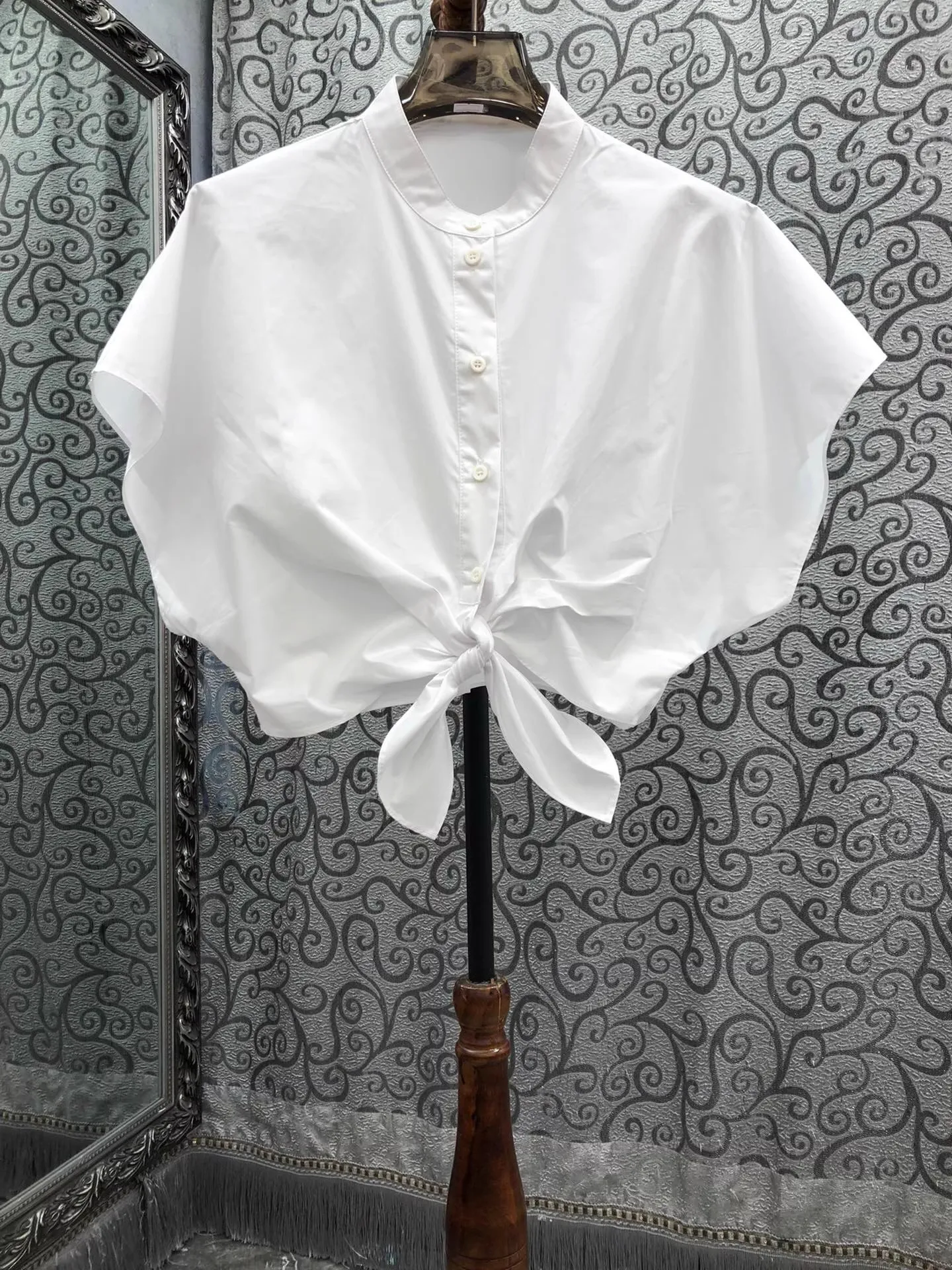 

Crop Tops 2025 Summer Fashion Designer Women Bow Knot Deco Short Sleeve High Quality Cotton Sexy Loose White Shirts Blouses