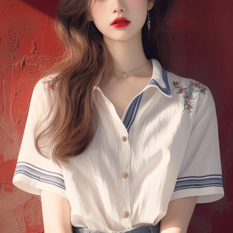Striped Vintage Women's Blouses Korean Shirts FASHION Loose Summer Vintage Floral Short Sleeve Women Tops