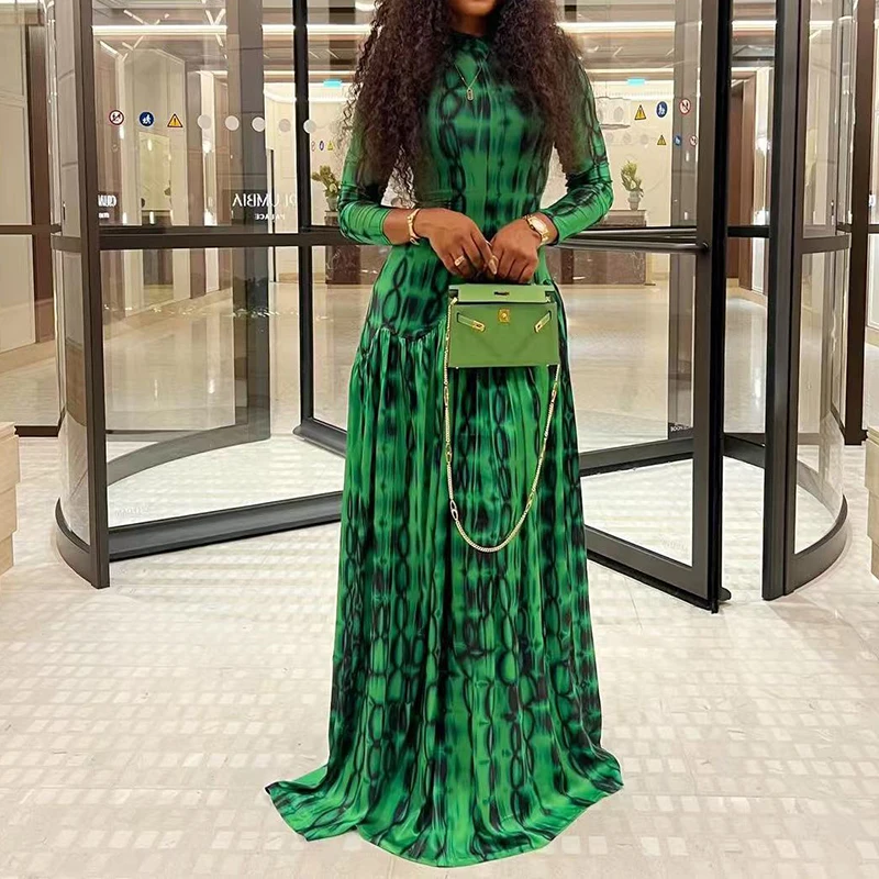 

Элегантное женское платье макси с высокой талией и плиссировкой, простое повседневное платье для офиса, зеленое с принтом, с длинным рукавом, приталенное, вечернее