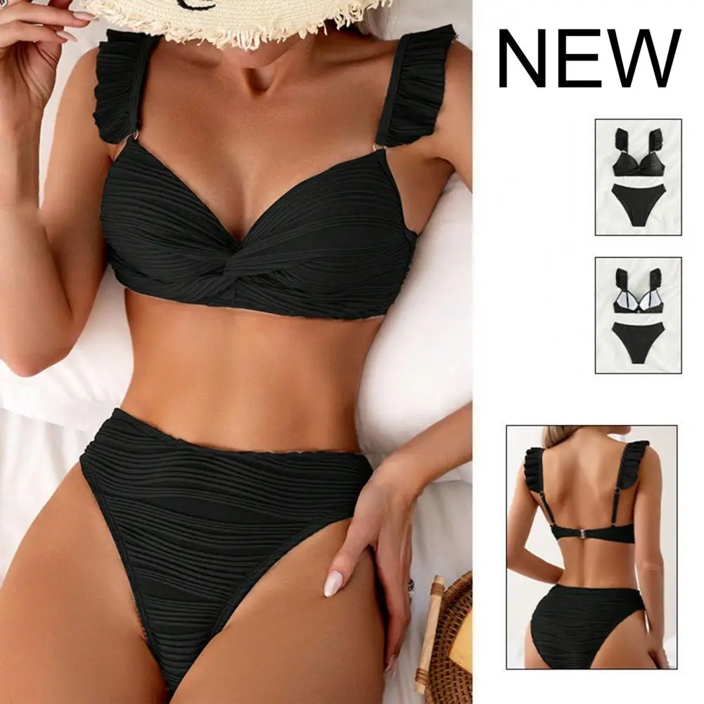 Solid Color Bikini Set Stylish Ruffle Sleeve Bikini Set with High Waist Sexy Two Piece Swimsuit for Women Solid Color for Quick