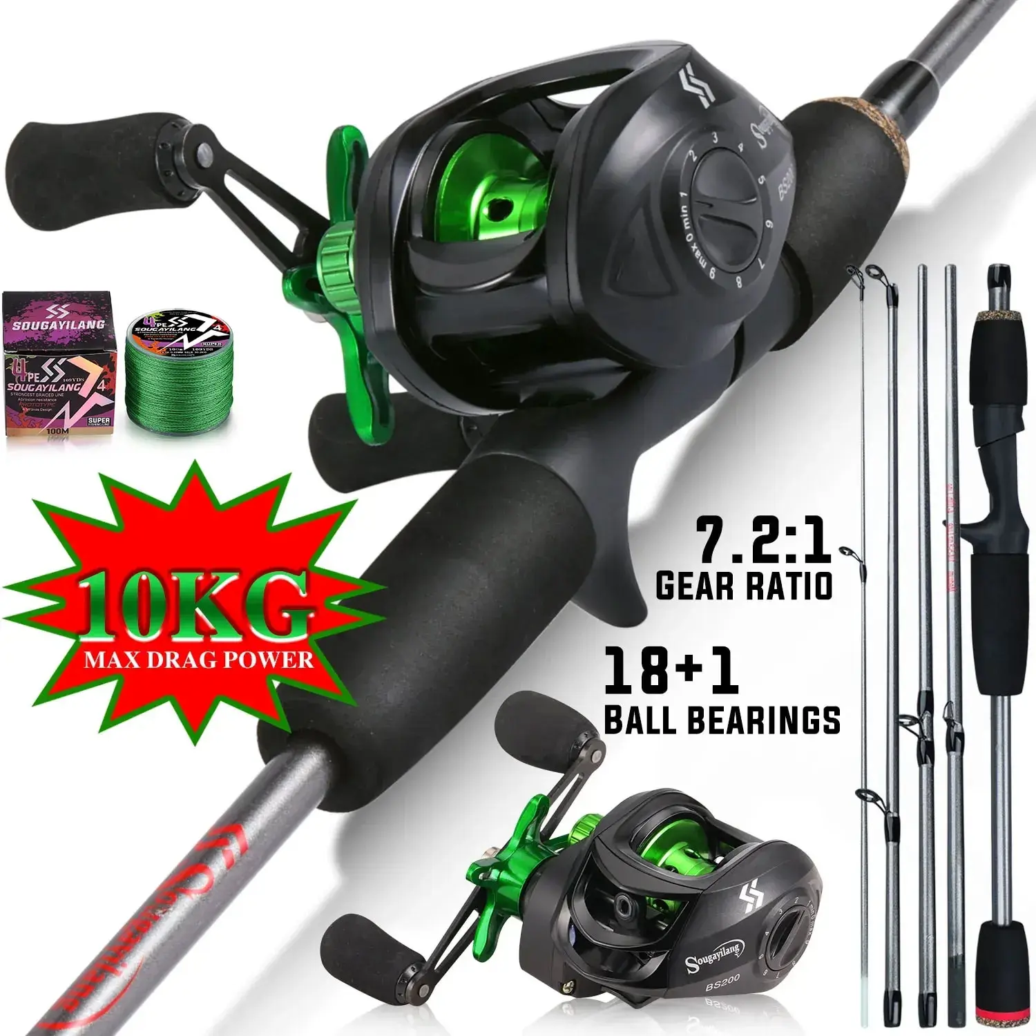 Sougayilang Fishing Rod Combo 1.7m Carbon Fiber Casting Rod and Baitcasting Reel with Free Pe Line Max Drag 10kg for Bass