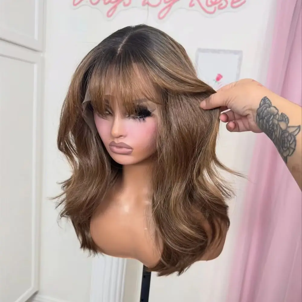Woman Wigs Ombre Warm Brown Highlights Synthetic HD Lace Front Wig with Bangs Natural Wave Wig 180% Density Party Daily Cosplay